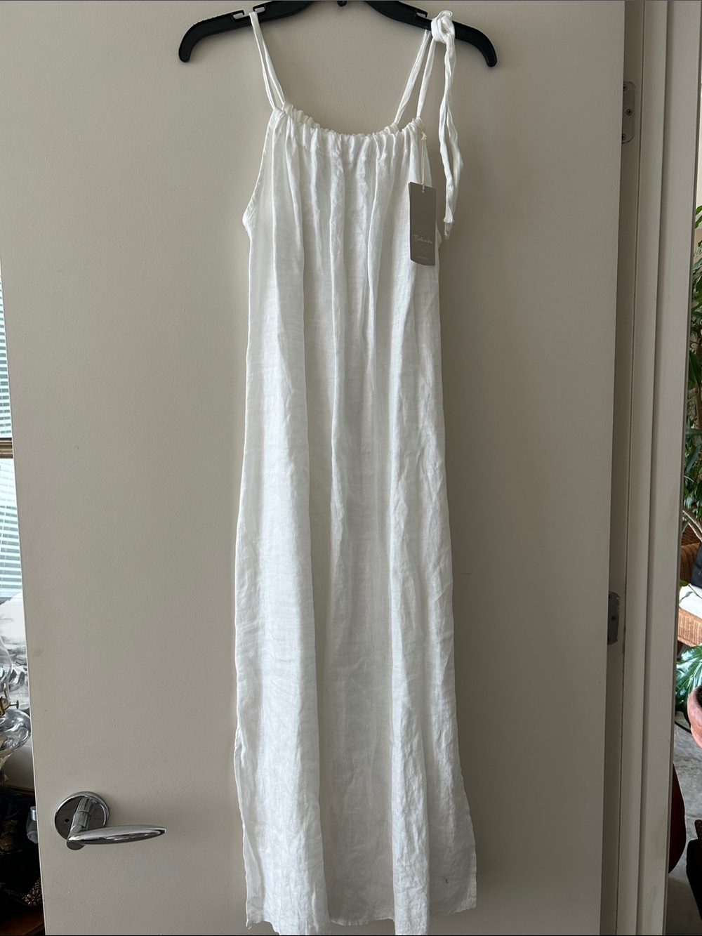 Women's White Linen Maxi Dress with Tie Straps - Picture 1 of 4